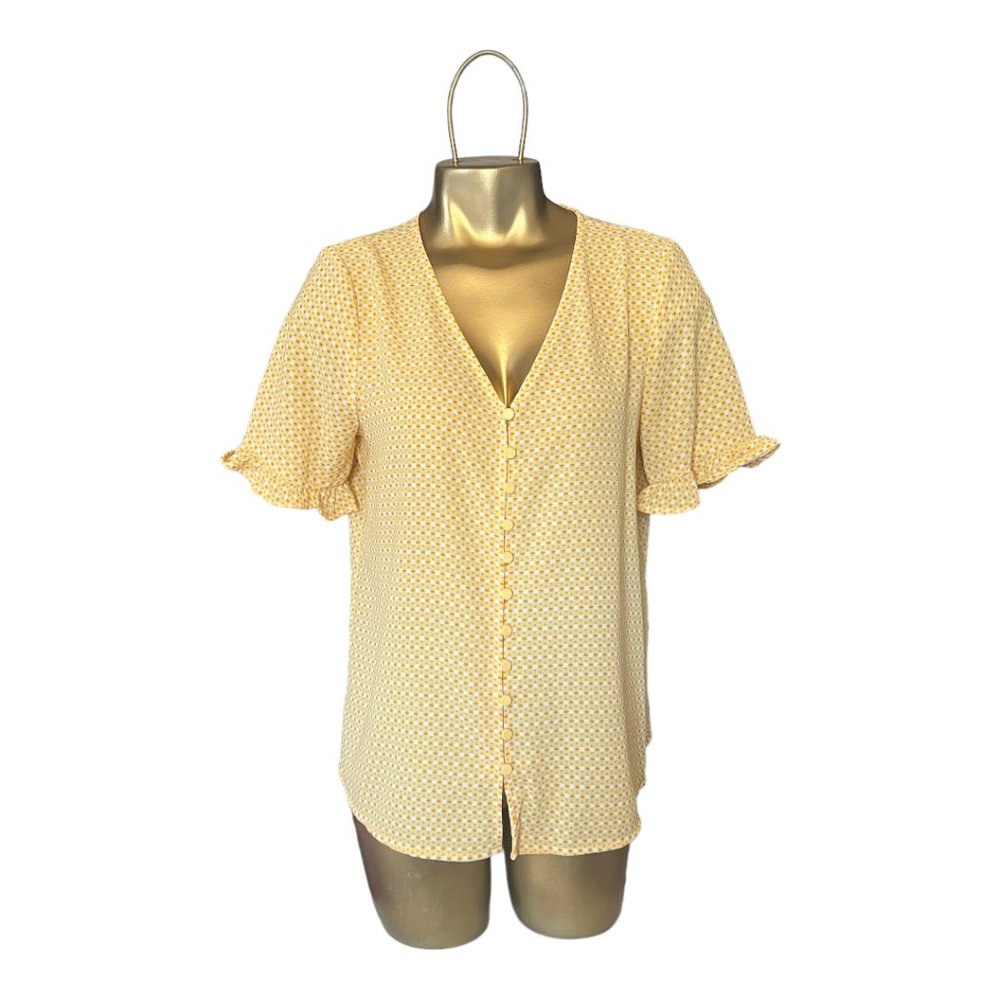 CeCe Yellow Print Button Down Blouse, Size Small